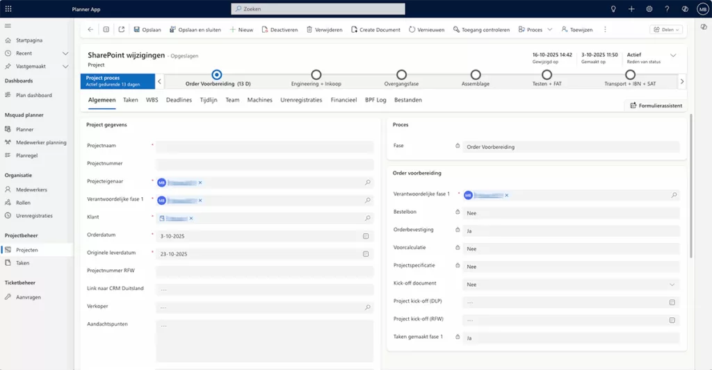 Overzicht van projectfase-pijplijn met mijlpalen en voortgang in Msquad projectsoftware