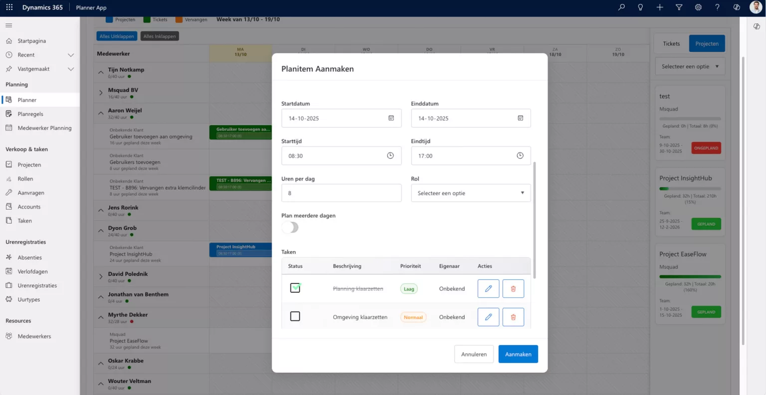 Overzicht van projectplanning in de Msquad Planmodule binnen Dynamics 365