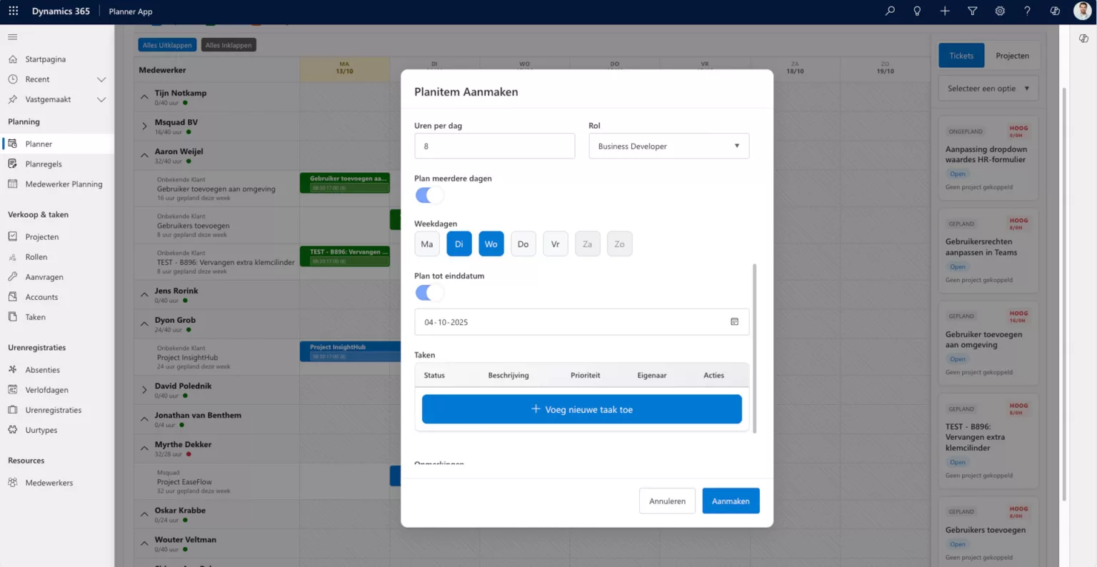 Navigatiemenu van Msquad Projecten & Planning met planner, taken en urenregistratie