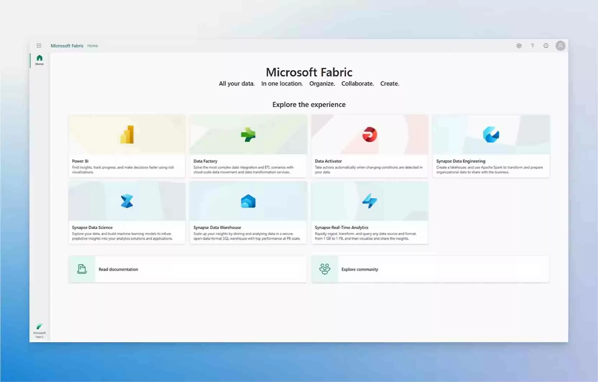 Microsoft Fabric overzicht met Power BI, Data Factory en Synapse componenten, centrale dataomgeving voor AFAS analytics.